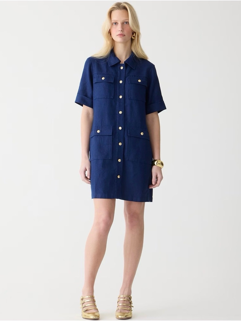 J. Crew famine Navy Short-Sleeve Button-Front shirt Dress 6